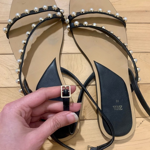 ZARA Flat Sandals with Pearl Straps